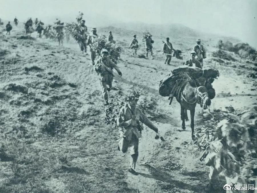 图为1947年5月在孟良崮战役中，华东野战军向孟良崮挺进。